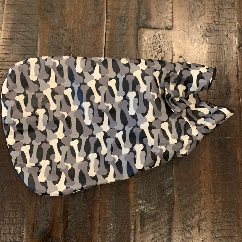 Small dog rain jacket with bone design- compatible with leash opening at top